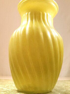 Yellow Satin Cased Glass Swirl Vase - 8" Ribbed Optic Art Glass - Circa 1960s